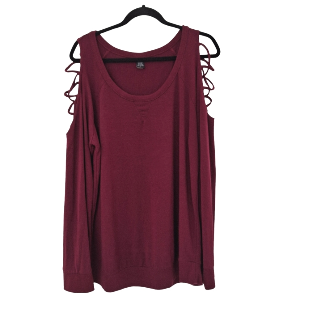 Torrid Burgundy Wine Cold Strappy Shoulder Knit Sweatshirt Top Plus Size 1 1X